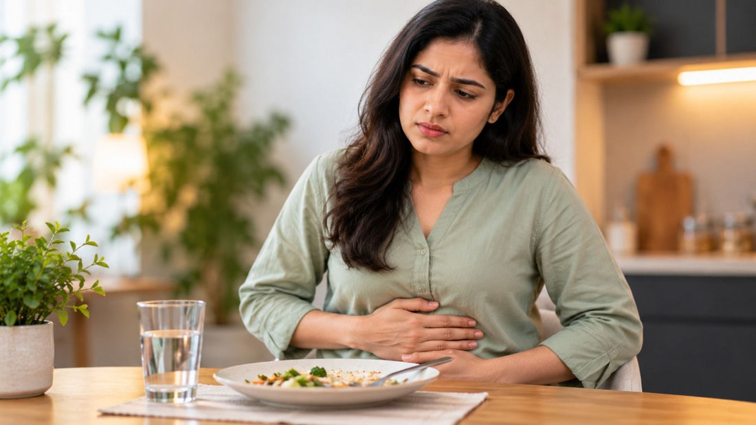 Woman sitting at dining table holding stomach after a meal, bloating after eating
