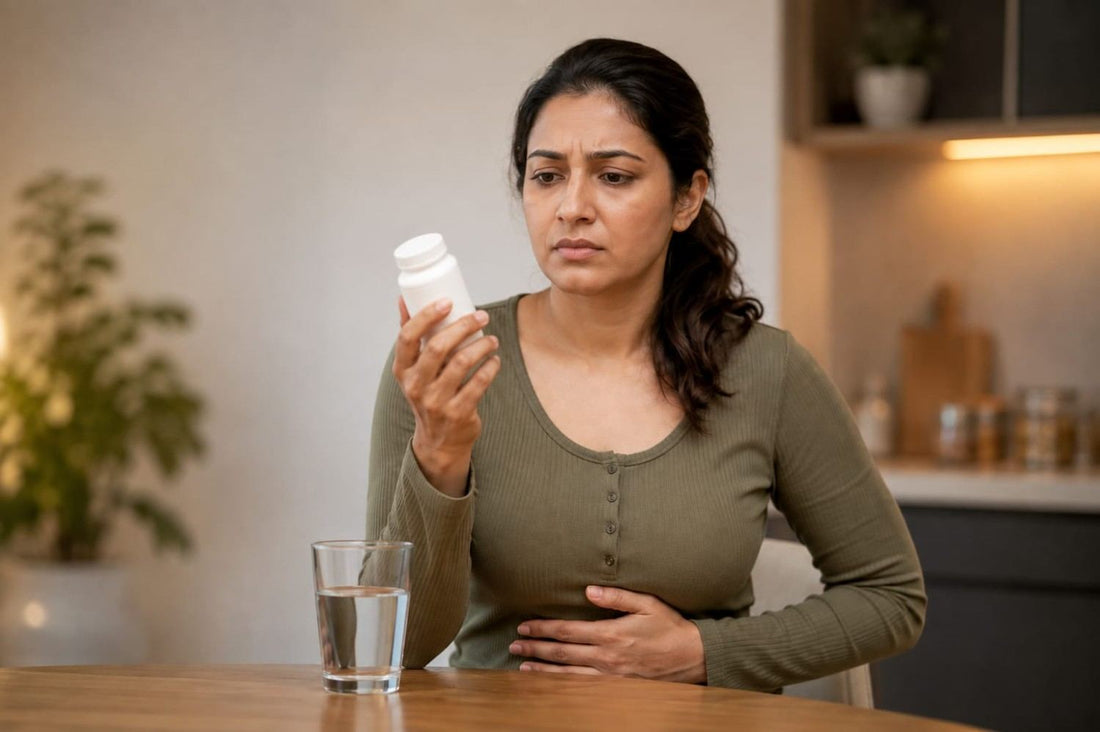 Woman looking at probiotic supplement bottle with stomach discomfort