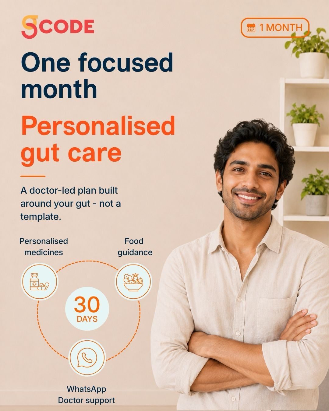 SCODE one-month personalised gut care plan with medicines, food guidance and WhatsApp support