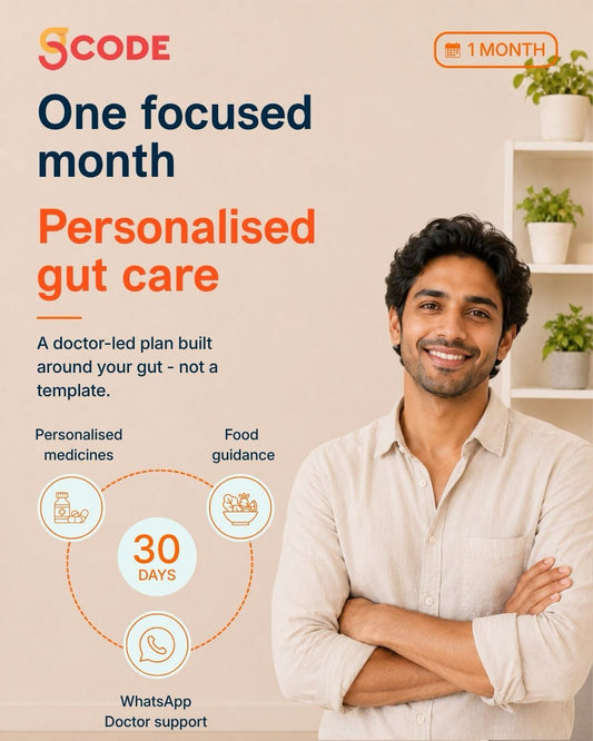 SCODE one-month personalised gut care plan with medicines, food guidance and WhatsApp support