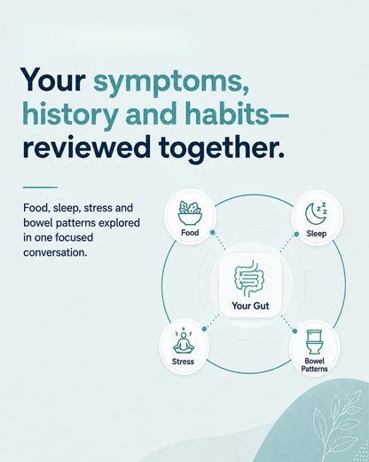 Gut health symptom review covering food sleep stress and bowel patterns at gCODE Health