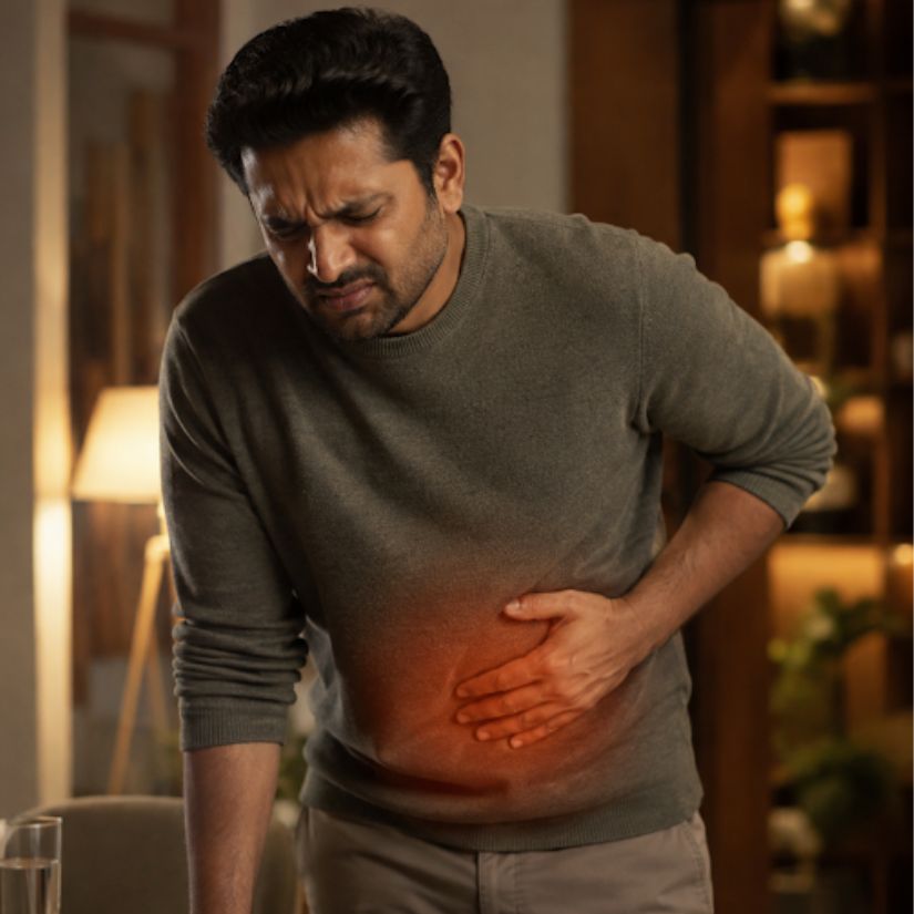 Man holding stomach in discomfort — common bloating and acidity symptom
