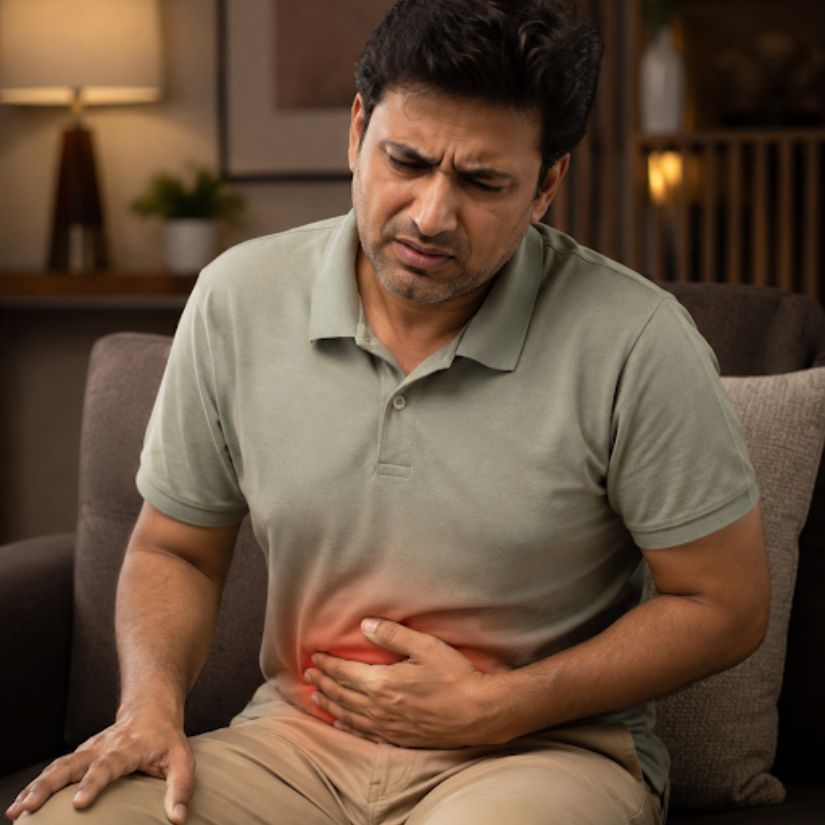 Man experiencing abdominal pain, a common sign of IBS and digestive issues