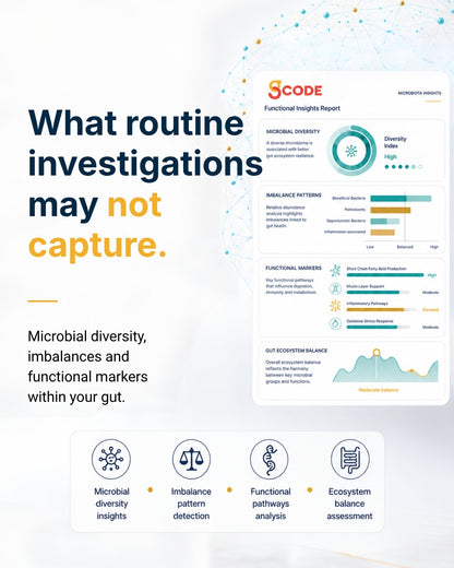 SCODE microbiome test report showing microbial diversity, imbalance patterns and functional markers